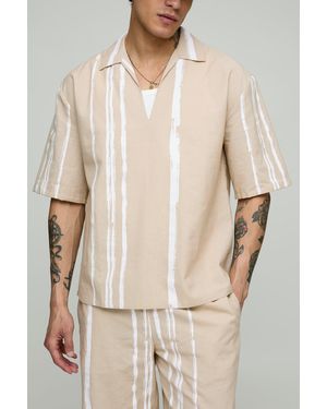 BoohooMAN Oversized Linen Stripe Plunge Neck Shirt - Natural