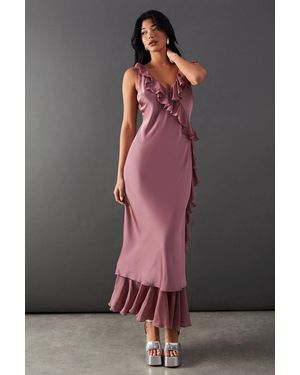 Warehouse Satin Wrap Chiffon Frill Detail Midi Dress - Gray