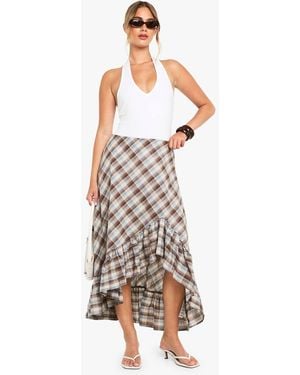 Boohoo Flannel Ruffle Asym Midi Skirt - White