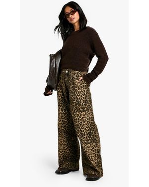 Boohoo Petite Faded Denim Leopard Print Wide Leg Jean - Multicolor