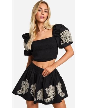 Boohoo Embroidered Puff Sleeve Top - Black