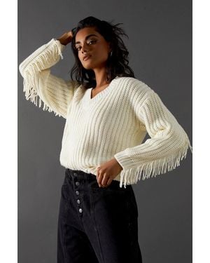 Warehouse Fringed Back V Neck Sweater - Black