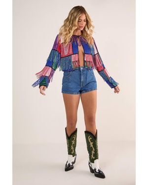 Nasty Gal Color Block Flannel Tassel Sequin Jacket - Blue
