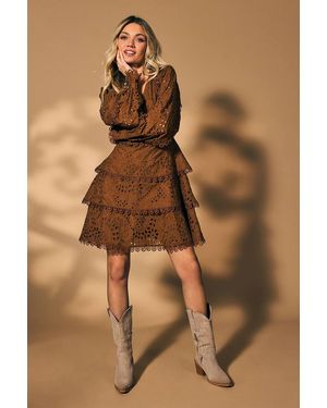 Oasis Broderie Lace Trim Tiered Mini Dress - Brown