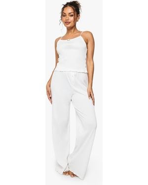 Boohoo Pointelle Cami Top & Wide Leg Pants Pajama Set - White