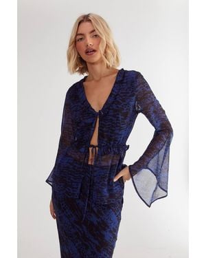 Nasty Gal Snake Crinkle Chiffon Ruffle Fluted Sleeve Tie Front Top - Blue