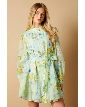 Oasis Sage Floral Organza Mini Shirt Dress - Green