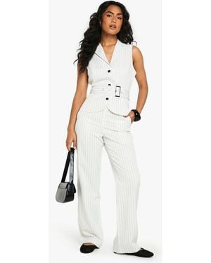Boohoo Pinstripe Mid Rise Tailored Wide Leg Trouser - White