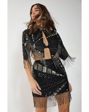 Nasty Gal Hand Embellished Paneled Tassel Mini Skirt - Black