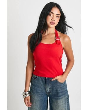 Boohoo Buckle Trim Halterneck Top - Red