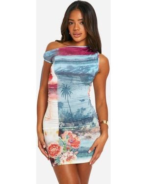 Boohoo Tie Side Postcard Mini Dress - Blue