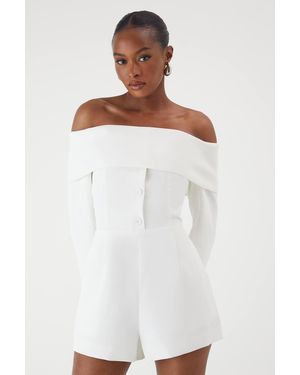 MissPap Bardot Fold Over Detail Button Romper - White