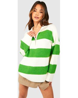 Boohoo Half Zip Soft Knit Stripe Sweater - Green