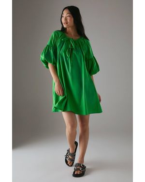 Warehouse Petite Cotton Tie Front Mini Smock Dress - Green