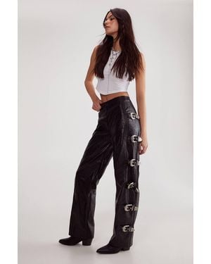 Nasty Gal Distressed Faux Leather Buckle Detail Trouser - Blue