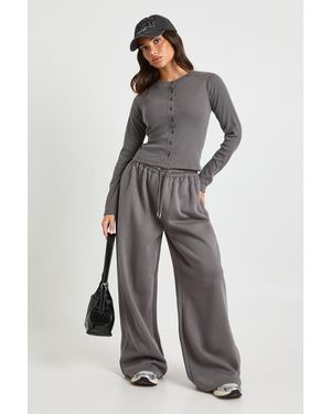 Boohoo Petite Rib Button Through Long Sleeve Tracksuit - Grey