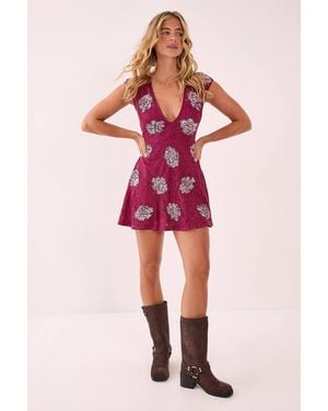 Nasty Gal Lace Flower Embellished Plunge Skater Mini Dress - Red