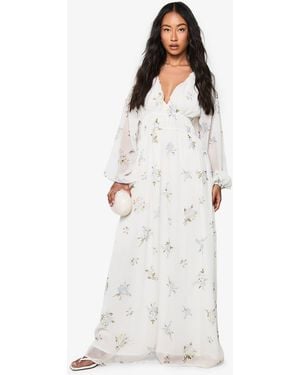 Boohoo Chiffon Floral Volume Sleeve Ruched Waist Maxi Dress - White