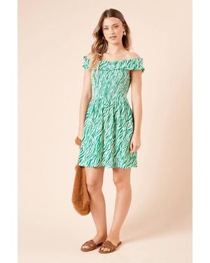 Dorothy Perkins Zebra Shirred Bodice Bardot Jersey Mini Dress - Green