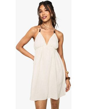Boohoo Beaded Linen Halter Beach Dress - White