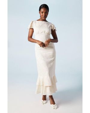 Oasis Satin Jacquard Flutter Sleeve Wedding Maxi Dress - White