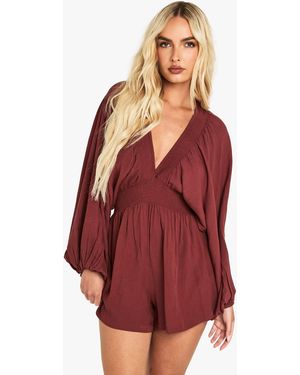 Boohoo Cheescloth Plunge Long Sleeve Playsuit - Red