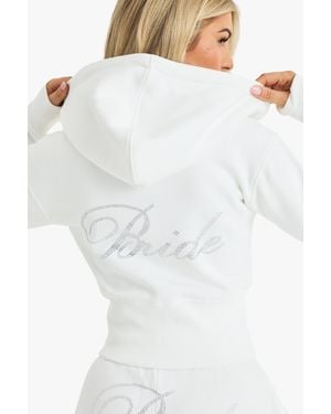 Boohoo Bridal 'Bride' Diamante Slogan Cropped Hoodie - White