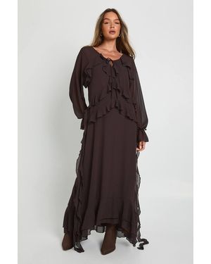 Boohoo Ruffle Front Smock Maxi Dress - Brown