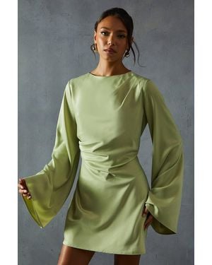 MissPap Satin Slash Neck Cinched Waist Flare Sleeve Mini Dress - Green