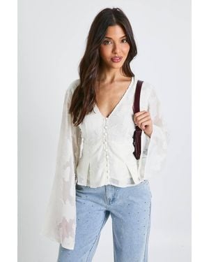 Boohoo Floral Textured Button Down Blouse - White
