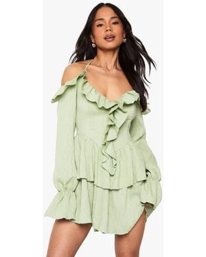 Boohoo Crinkle Ruffle Layered Mini Dress - Green
