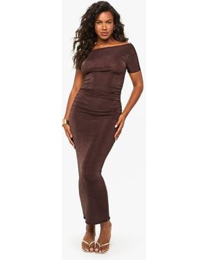 Boohoo Accetate Slinky Draped Neck Ruched Midi Dress - Red