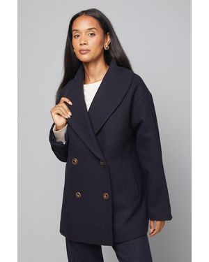 Wallis Mid Length Shawl Collar Double Breasted Coat - Blue