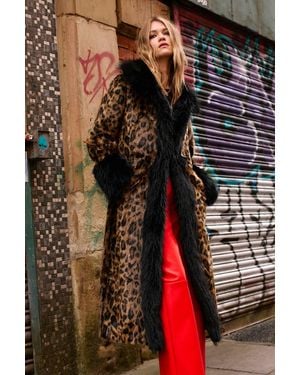 Nasty Gal Leopard Faux Fur Longline Coat - Brown