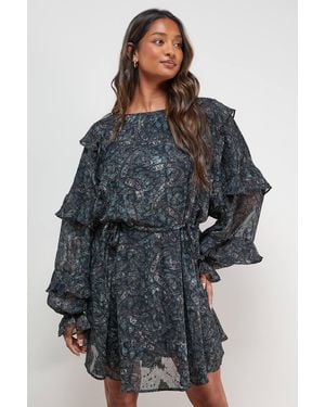 Oasis Printed Ruffle Batwing Sleeve Mini Dress - Gray