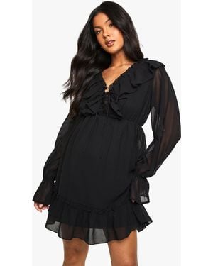 Boohoo Maternity Chiffon Long Sleeve Ruffle Dress - Black