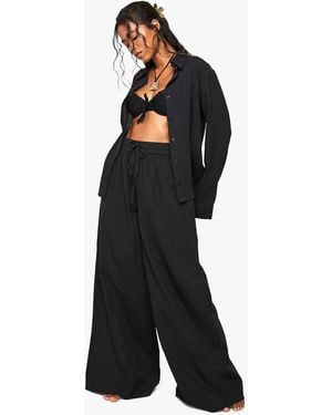 Boohoo Linen Wide Leg Beach Pants - Black