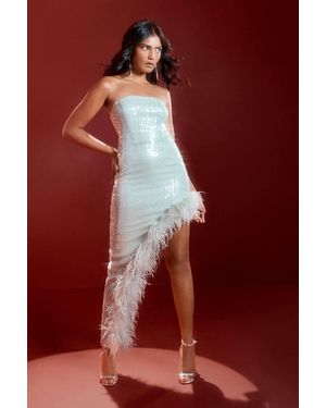 MissPap Sequin Bandeau Feather Hem Asymmetric Midaxi Dress - Red
