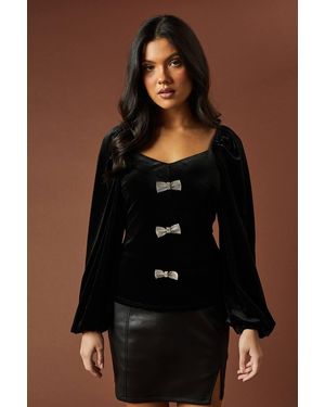 Oasis Velvet Diamond Bow Detail Top - Brown
