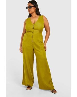Boohoo Plus Woven Tailored Button Down Jumpsuit - Yellow