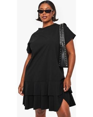 Boohoo Plus Short Sleeve Frill Hem T Shirt Dress - Black