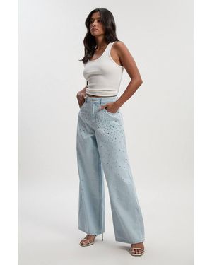 Boohoo Petite Embellished High Waist Straight Leg Jean - Blue