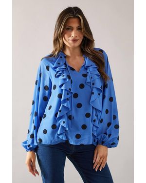 Wallis Spot Ruffle Chiffon Blouse - Blue