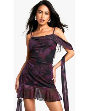 Boohoo Floral Draped Ruffle Printed Mesh Mini Dress - Red