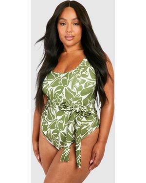 Boohoo Plus Abstract Tie Waist Swimsuit - Green
