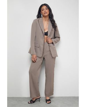 Warehouse Lace Frill Trim Wide Leg Trouser - Brown