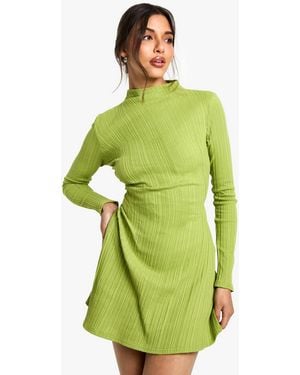 Boohoo High Neck Ruched Side Skater Dress - Green