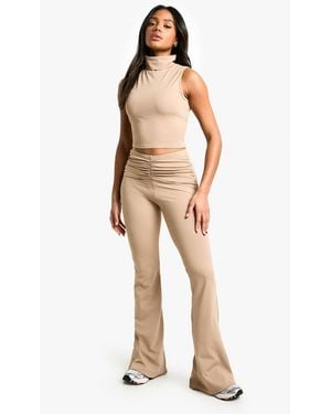 Boohoo Sculpting Matte Slinky Ruched Detail Flare Trouser - Natural