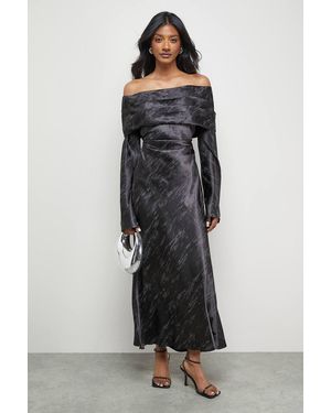 Warehouse Shimmer Satin Foldover Bardot Bias Midi Dress - Black