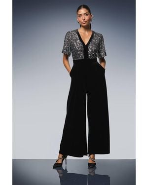 Wallis Sequin Contrast Velvet Jumpsuit - Blue